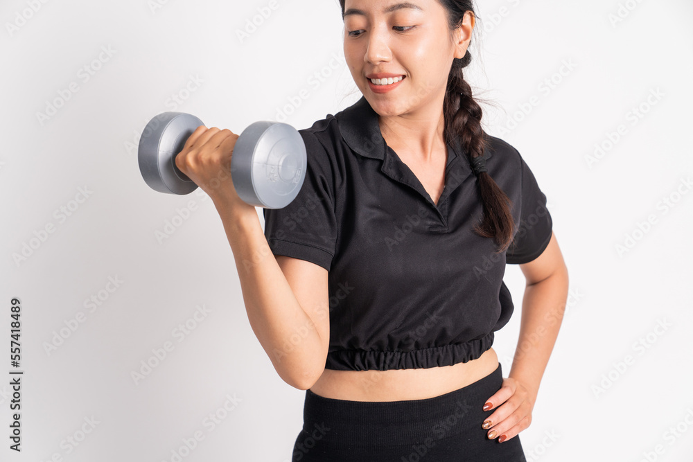 asian woman lifting dumbbells while exercising biceps on white background asian woman lifting dumbbells while exercising biceps on white background