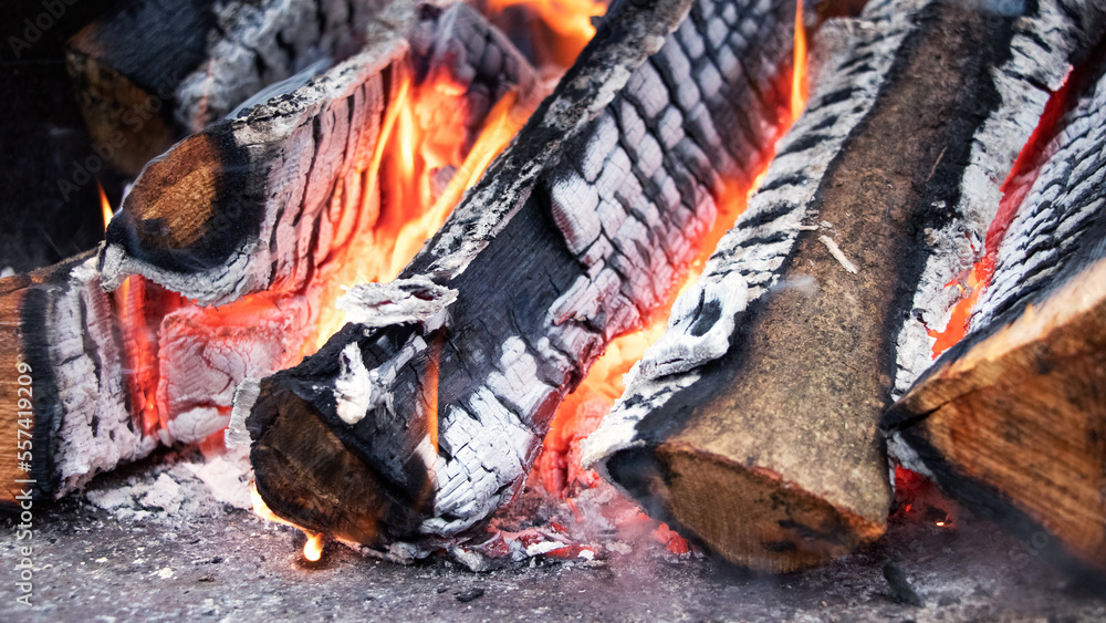 Fire in the fireplace with firewood and coal. Firewood is burning Fire in the fireplace with firewood and coal. Firewood is burning