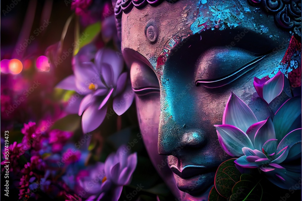 Generative AI illustration of abstract lifelike buddha, flowers, magic lighting, beautiful metallic and stone colors, detailed, natural lighting, natural environment. Digitally generated image - obrazy, fototapety, plakaty 