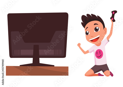 Video gaming kids. Boy playing games on joystick on game console. Kid video game addiction. Joyful teenager. Vector illustration of flat design