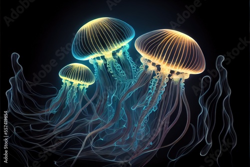 Generative AI illustration of group of beautiful jelly fish glowing in the dark ocean, reflection, light, pretty.