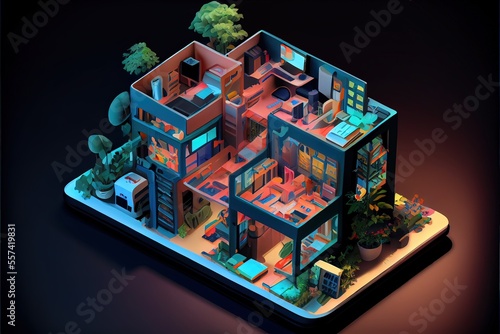 Generative AI illustration of Office on smart phone, isometric diorama, land plot, pop color, colorful. Digitally generated image