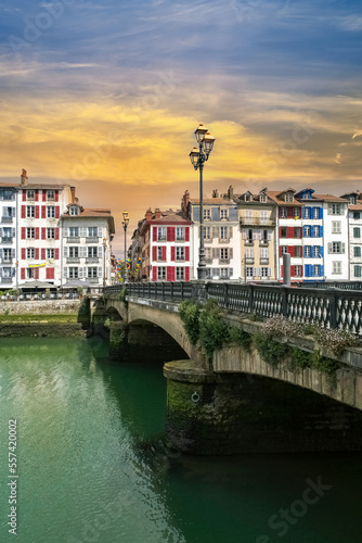 Bayonne in the pays Basque, typical facades and bridge on the river Nive
