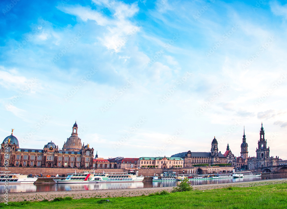 The picturesque view of old Dresden over the river Elbe. Saxony, Germany, Europe.