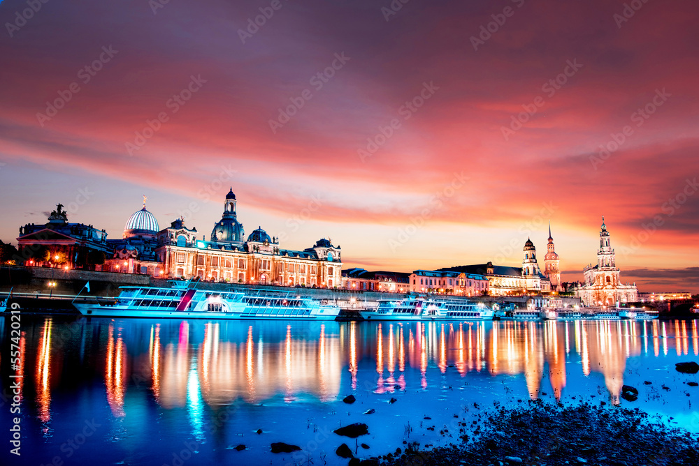 The picturesque view of old Dresden over the river Elbe in evening at sunset. Saxony, Germany.