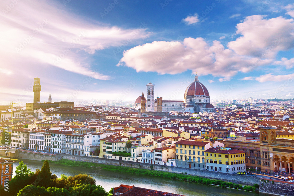 A fabulous panoramic view of Florence from Michelangelo Square. It is a pilgrimage of tourists and romantics. Duomo Cathedral Italy, Tuscany