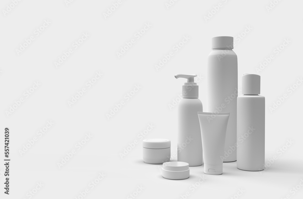 3D Realistic Template or mock up of white and blank containers of cosmetics for trademark design
3D Realistic Template or mock up of white and blank containers of cosmetics for trademark design