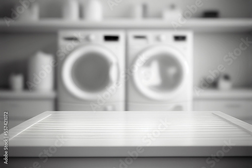 Laundry room with washing machine background. 3D white blurred home laundry room with display for product. Generative Ai image illustration 