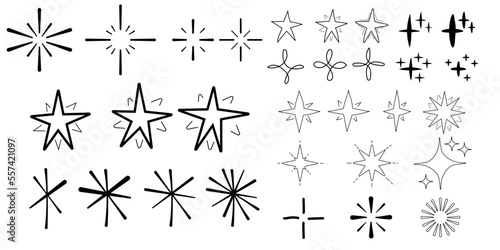 Hand drawn stars in doodle style. Star shine line doodle set. Star shine, shiny glitter, shining light vector illustration. 