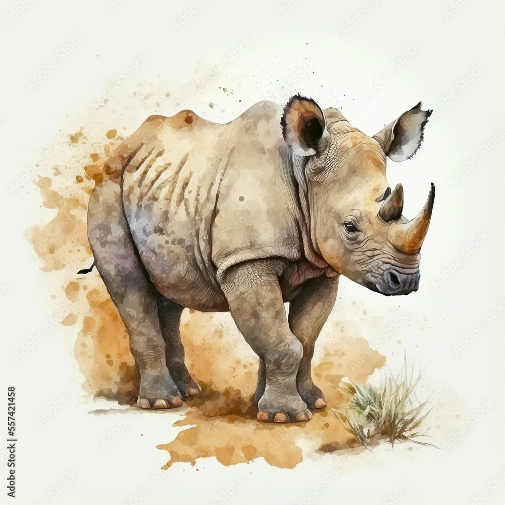 Fototapeta premium Watercolor Rhinoceros in the safari illustration, generative AI and manual enhanced color