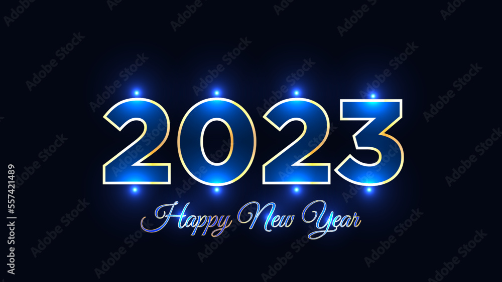 happy new year 2023. text style with blue sparkle