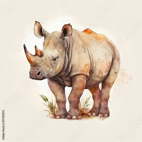 Watercolor Rhinoceros in the safari illustration  generative AI and manual enhanced color