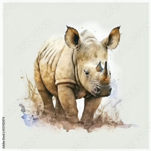 Watercolor Rhinoceros in the safari illustration  generative AI and manual enhanced color