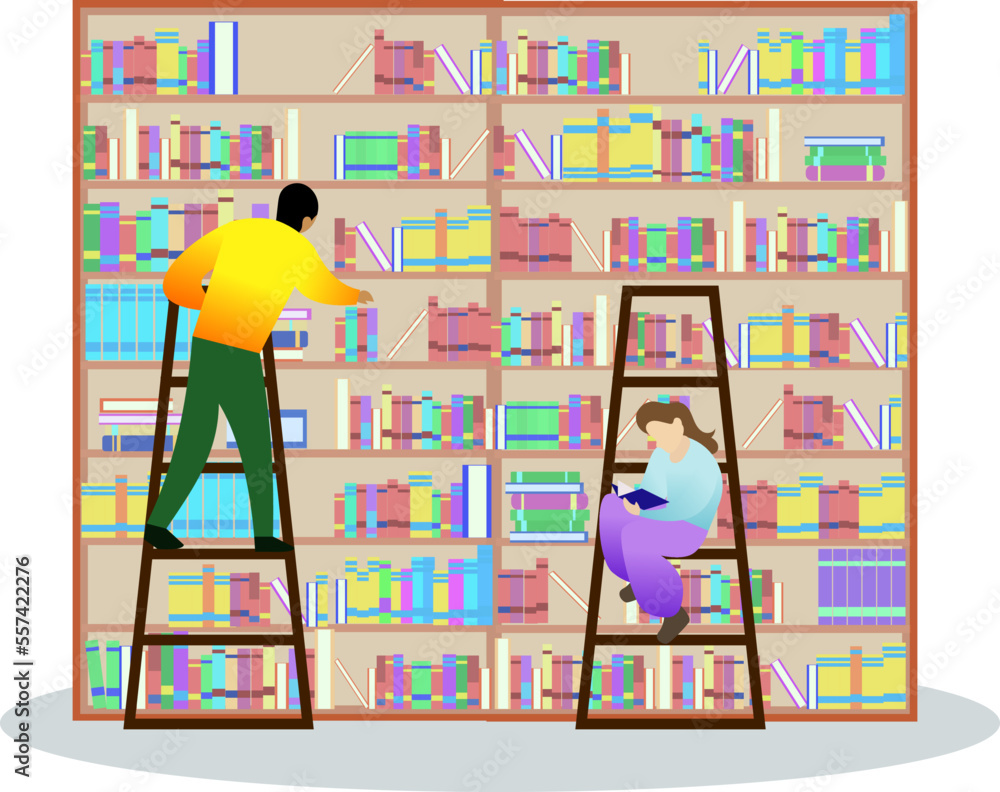 doing library activities such as reading, stacking book, finding book and studying. please be quiet, girl sitting to reading a book, library ladder, student college studying