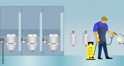 janitor cleaning public bathroom vector illustration, public bathroom cleaning service worker, Janitor man cleaning sink in public toilet or restroom, cleaning service management
