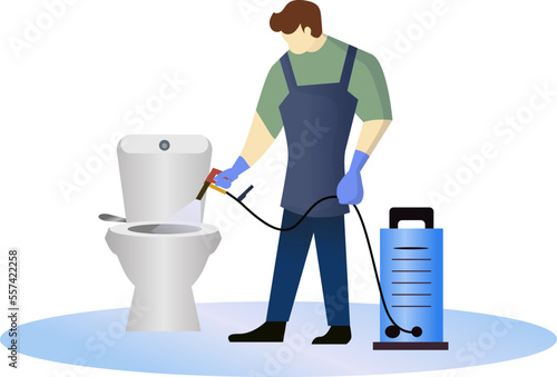 man cleaning WC vector illustration, toilet cleaning service concept, janitor spraying WC using water gun spray machine, janitor man cleaning the bathroom