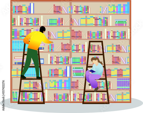 doing library activities such as reading, stacking book, finding book and studying. please be quiet, girl sitting to reading a book, library ladder, student college studying