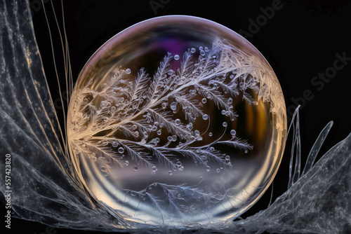 Gefrorene Seifenblase mit wunderschönen Eiskristallen im Schnee photo