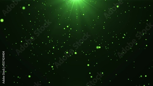 Beautiful Green Dust Particles with Flare on Black Background. Looped 3d Motion of Dynamic Fall Particles In The Air With Bokeh