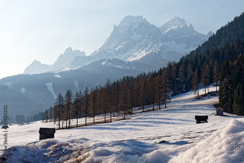 View to snow covered mountain peaks of the Sesto Dolomites in Winter. Alps, South Tyrol, Alto Adige, Italy, Europe