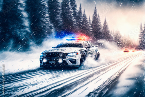 Police car speeding down snowy road. Generative AI