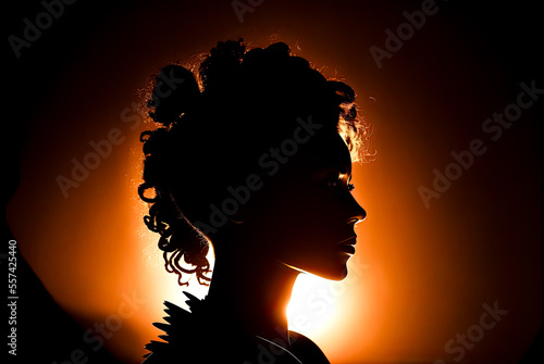 Silhouette of head and shoulders of a woman, outlined by light, backlit. Generative AI