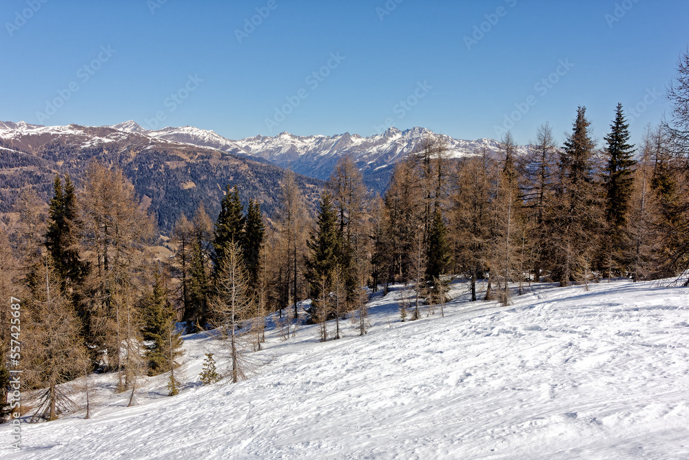 View to snow covered mountain peaks of the Carnic Alps in Winter. South Tyrol, Alto Adige, Italy, Europe