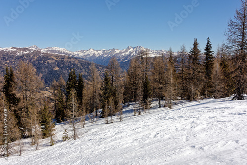 View to snow covered mountain peaks of the Carnic Alps in Winter. South Tyrol, Alto Adige, Italy, Europe