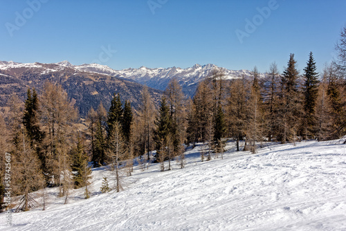 View to snow covered mountain peaks of the Carnic Alps in Winter. South Tyrol, Alto Adige, Italy, Europe