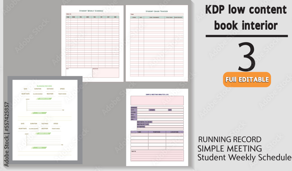 RUNNING RECORD, SIMPLE MEETING MINUTES LOG, Student Weekly Schedule RUNNING RECORD, SIMPLE MEETING MINUTES LOG, Student Weekly Schedule