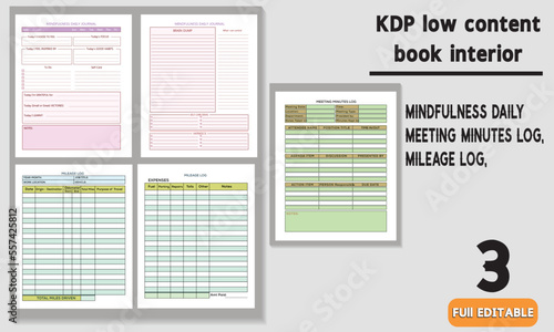 MEETING MINUTES LOG, MILEAGE LOG, MINDFULNESS DAILY JOURNAL