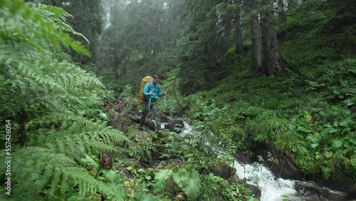A man with a backpack goes to the mountains in a beautiful river landscape. A tourist walks in the forest near a waterfall. A hiker walks downhill in a forest near a stream in cloudy weather. 4k 