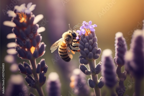 a bee flying over a purple flower in a field of lavenders in the sunlight.