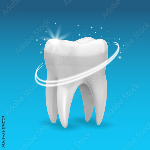 Realistic tooth. 3d teeth whitening. Realistic Healthy tooth with glowing effect.