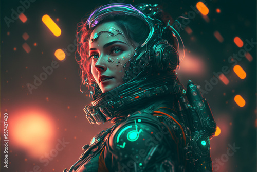 A woman in a space suit with neon lights, Generative AI