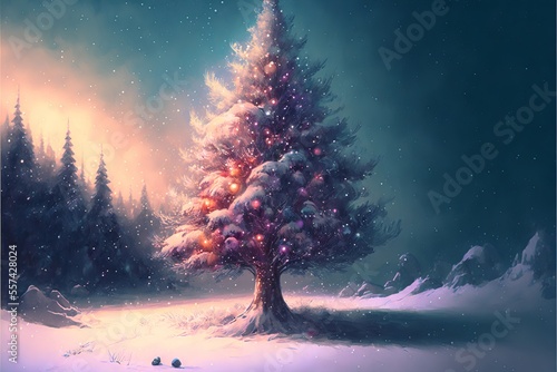 Christmas tree with Christmas balls garlands covered with snow. Christmas landscape with a large decorated Christmas tree in a watercolor style. AI generated. © SkilledArt