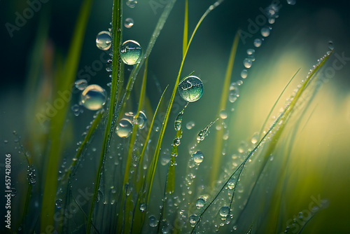 Water on grass background. Dew drops on fresh green grass. Nature concept. Macro close up Generative Ai image illustration. 