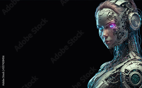 Artificial intelligence, a humanoid cyber girl with a neural network thinks. Artificial intelligence with a digital brain is learning to process big data. AI