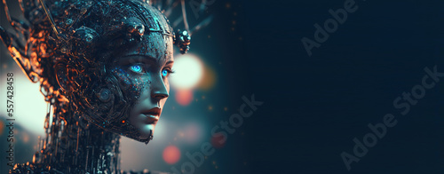 Artificial intelligence, a humanoid cyber girl with a neural network thinks. Artificial intelligence with a digital brain is learning to process big data. AI