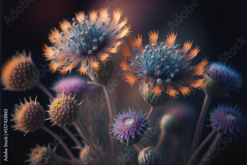 a bunch of flowers that are on a plant with a blurry background of them in the picture.