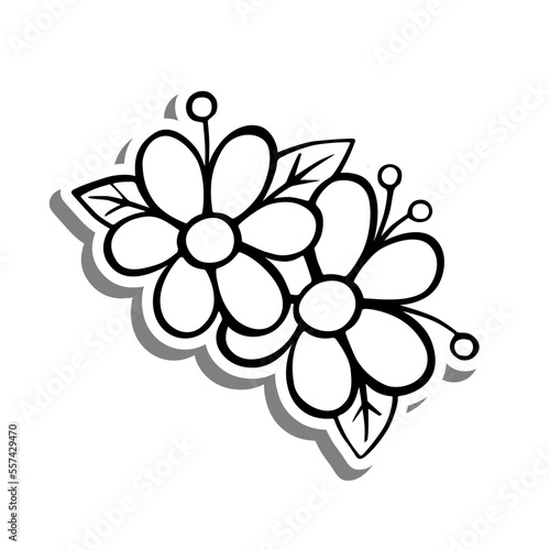 Black line doodle Flower with Leaves and Pollen on white silhouette and gray shadow. Hand drawn cartoon style. Vector illustration for decorate, coloring and any design.