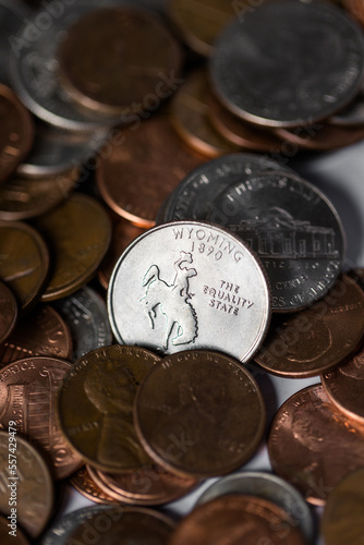 A quarter of Wyoming, quarters of USA, George Washington and in the middle a quarter of Wyoming State. Surrounded by coins.