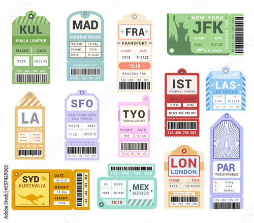 Traveling old tickets baggage retro tags set vector flat badge coupon plane sticker boarding pass
