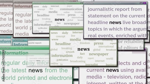 News pop up windows with information overload and anxiety on computer screen. Abstract concept of news titles across media. Seamless and looped display animation. photo