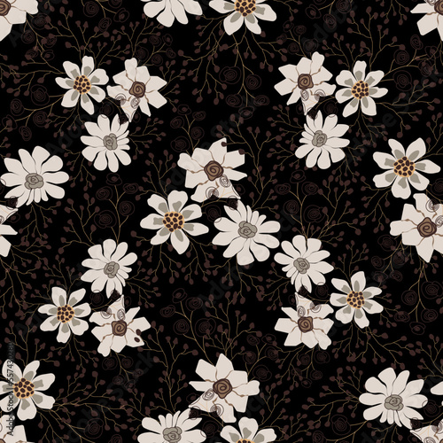 Seamless pattern with flowers in subdued color palette on black background. Linear hand drawn vector illustration.