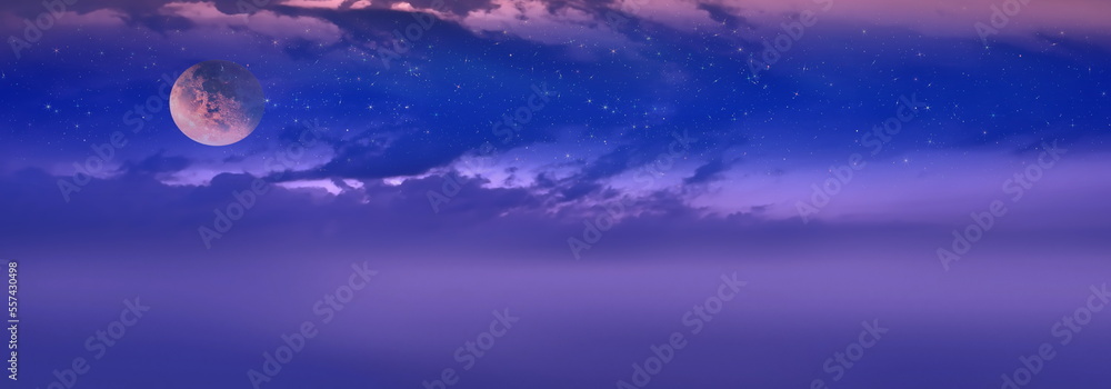 night blue starry sky big blue moon pink sunset clouds background banner template