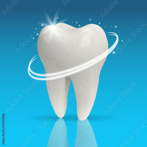 Realistic tooth. 3d teeth whitening. Realistic Healthy tooth with glowing effect.