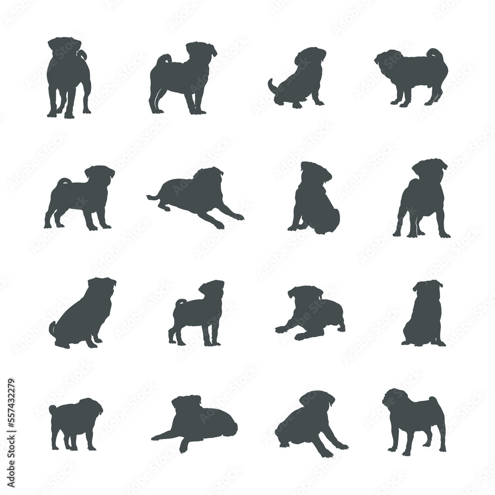Naklejka premium Pug dog silhouettes, Pug dog silhouette set.