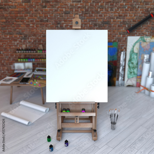 Empty art board on an easel in the workshop with white floor and brick wall. Mock up (ID: 557432626)