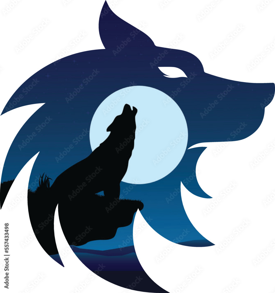 Set of wolf silhouettes with crescent moon and stars isolated. Sticker